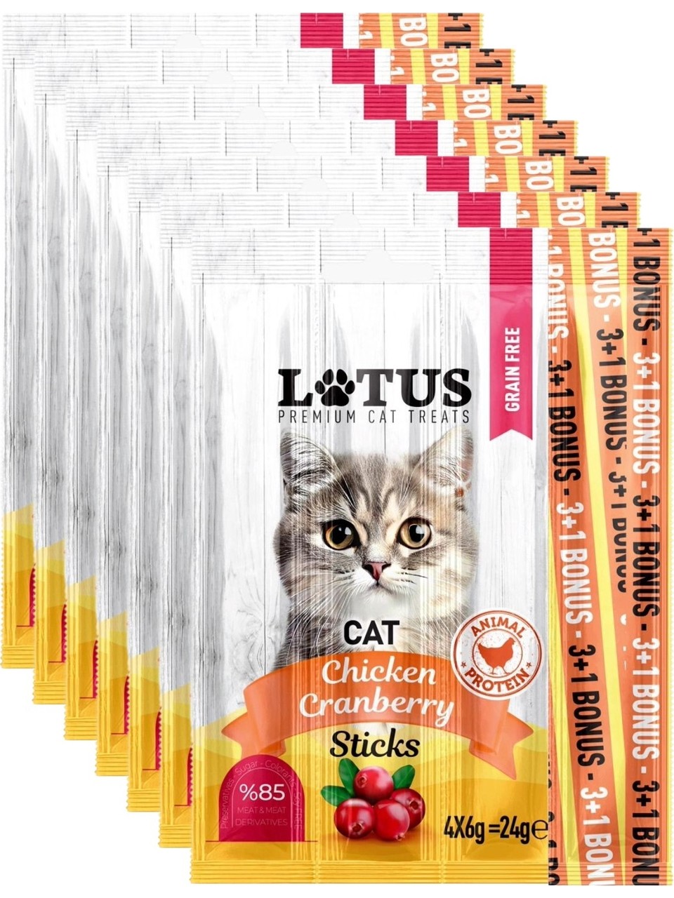 Lotus Cat Chicken & Cranberry Sticks 4’lü Kedi Ödül Çubuğu 6gr x 4 – Tavuk Etli Kızılcıklı Leziz Sticks (%85 Et İçerikli)