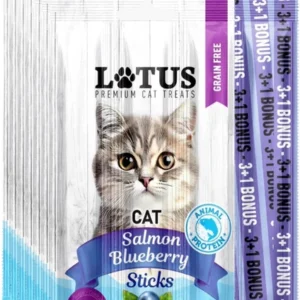 Lotus Cat Salmon & Blueberry 4’lü Kedi Ödül Çubuğu 6gr x 4 – Somonlu Yaban Mersinli Leziz Sticks (%85 Et İçerikli)