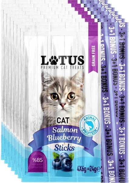 Lotus Cat Salmon & Blueberry 4’lü Kedi Ödül Çubuğu 6gr x 4 – Somonlu Yaban Mersinli Leziz Sticks (%85 Et İçerikli)